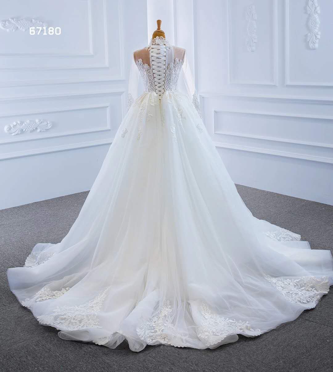 Mermaid/Trumpet long  sleeve lace high  neck  Muslim   pearls beaded with  detachable train wedding 