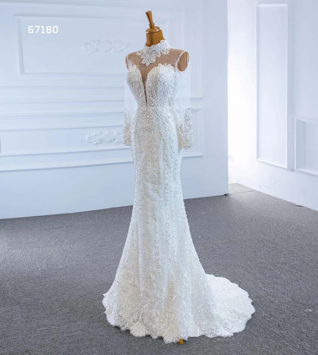 Mermaid/Trumpet long  sleeve lace high  neck  Muslim   pearls beaded with  detachable train wedding 