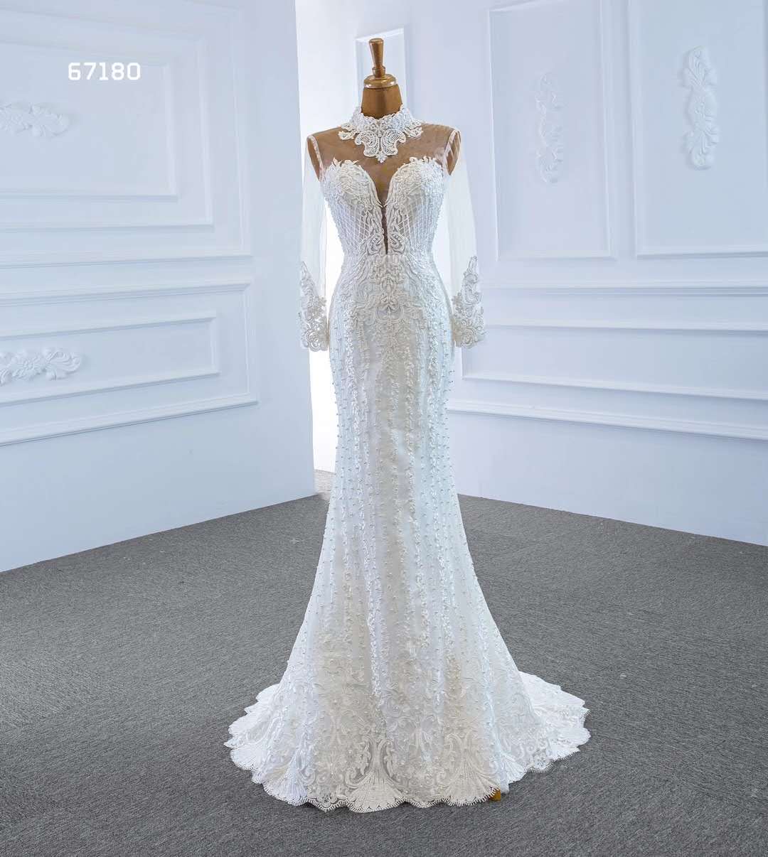 Mermaid/Trumpet long  sleeve lace high  neck  Muslim   pearls beaded with  detachable train wedding 