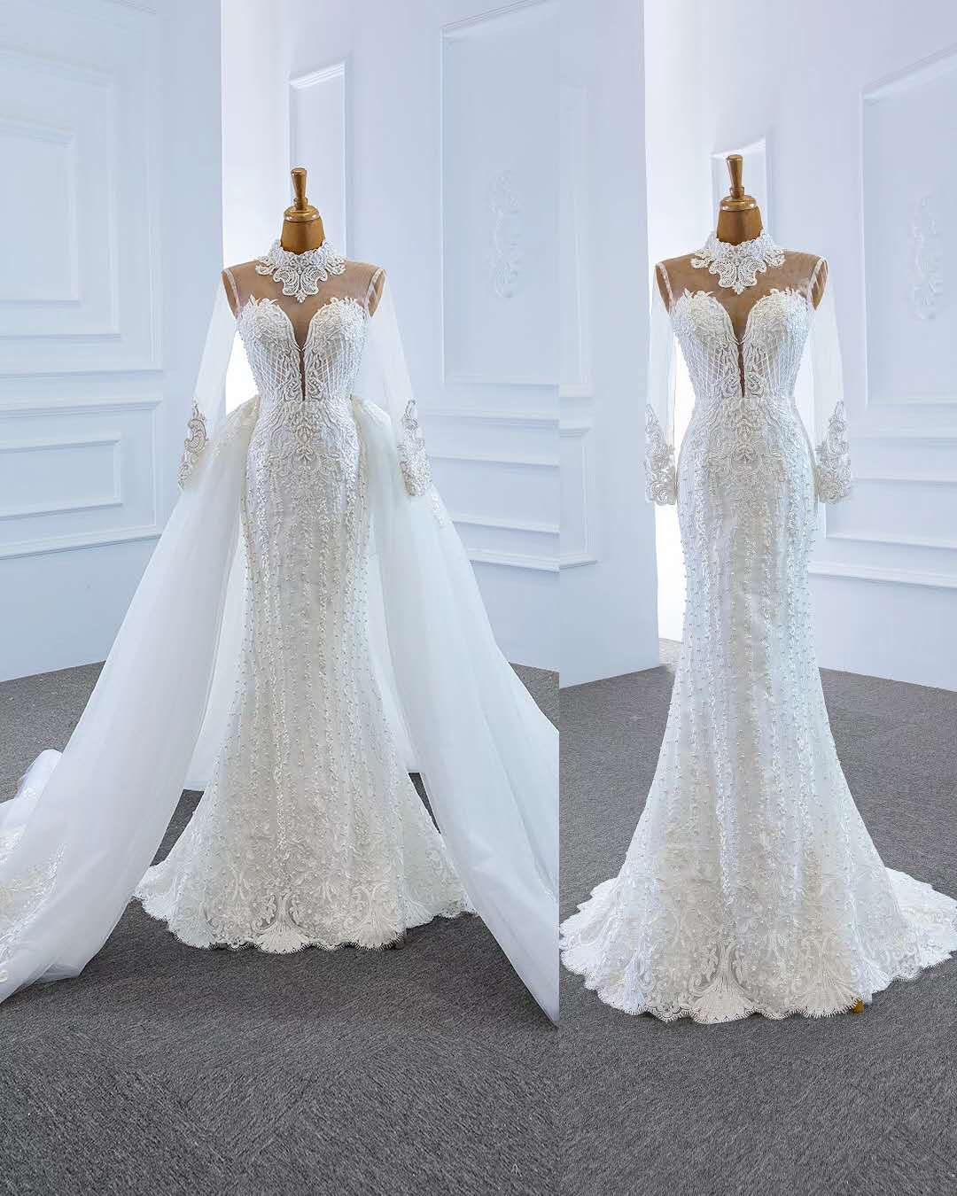 Mermaid/Trumpet long  sleeve lace high  neck  Muslim   pearls beaded with  detachable train wedding 