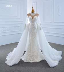 Mermaid/Trumpet long  sleeve lace high  neck  Muslim   pearls beaded with  detachable train wedding 