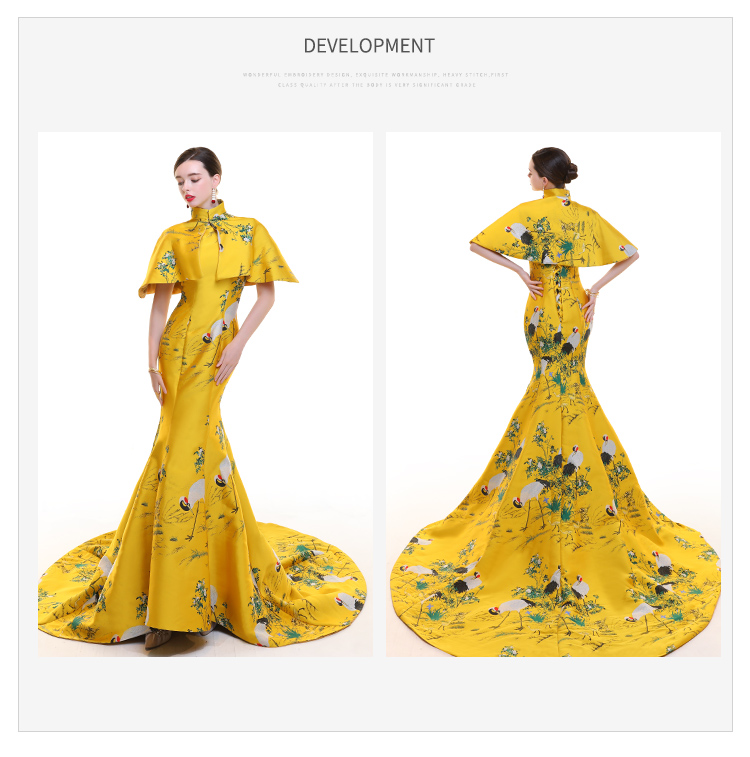 Chinese Compere Traditional Dress Yellow Cheongsams Short Sleeve Qipao show clothes Mujere Vestido E