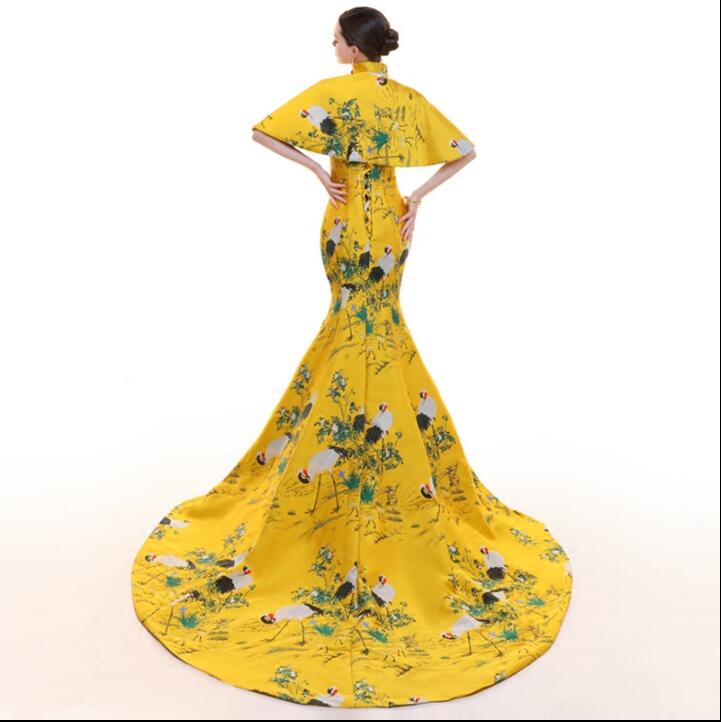 Chinese Compere Traditional Dress Yellow Cheongsams Short Sleeve Qipao show clothes Mujere Vestido E