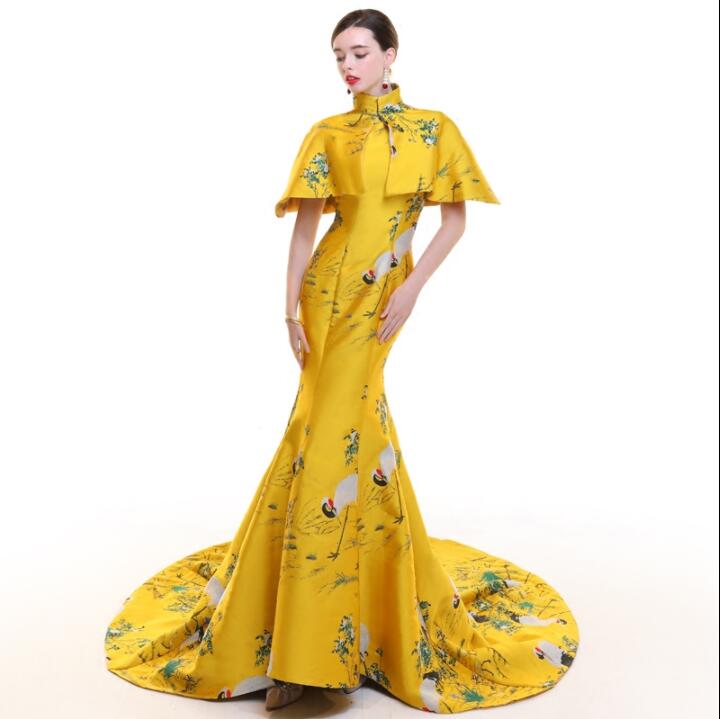 Chinese Compere Traditional Dress Yellow Cheongsams Short Sleeve Qipao show clothes Mujere Vestido E