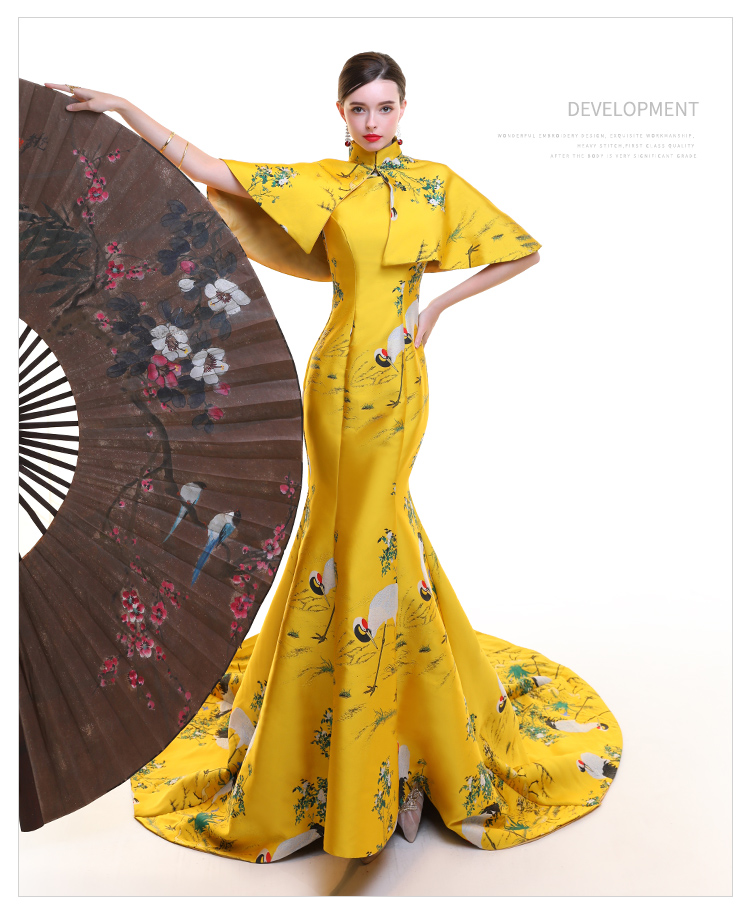 Chinese Compere Traditional Dress Yellow Cheongsams Short Sleeve Qipao show clothes Mujere Vestido E