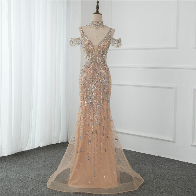2205 Golden high-end host evening dress fish tail long annual banquet bride toasting mermaid dress W