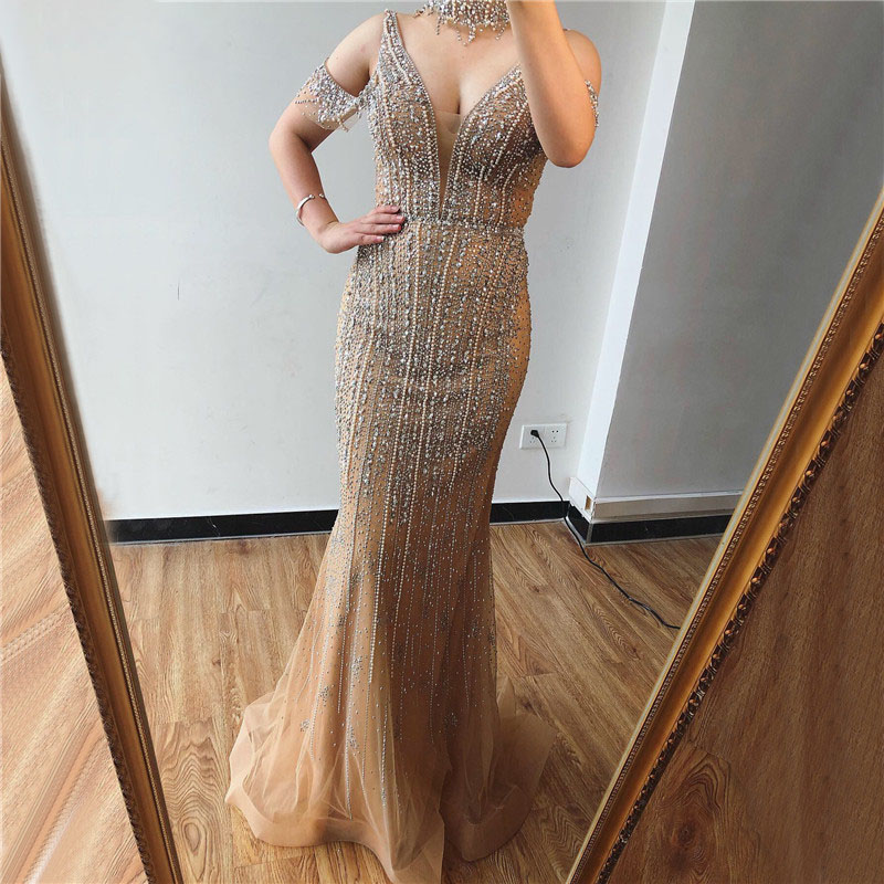 2205 Golden high-end host evening dress fish tail long annual banquet bride toasting mermaid dress W