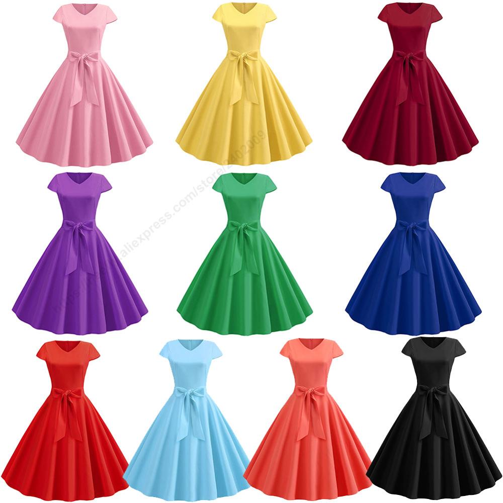 Women Summer Dress With Belt Short Sleeve V neck Retro Rockabilly Swing Pinup Party Office Dresses