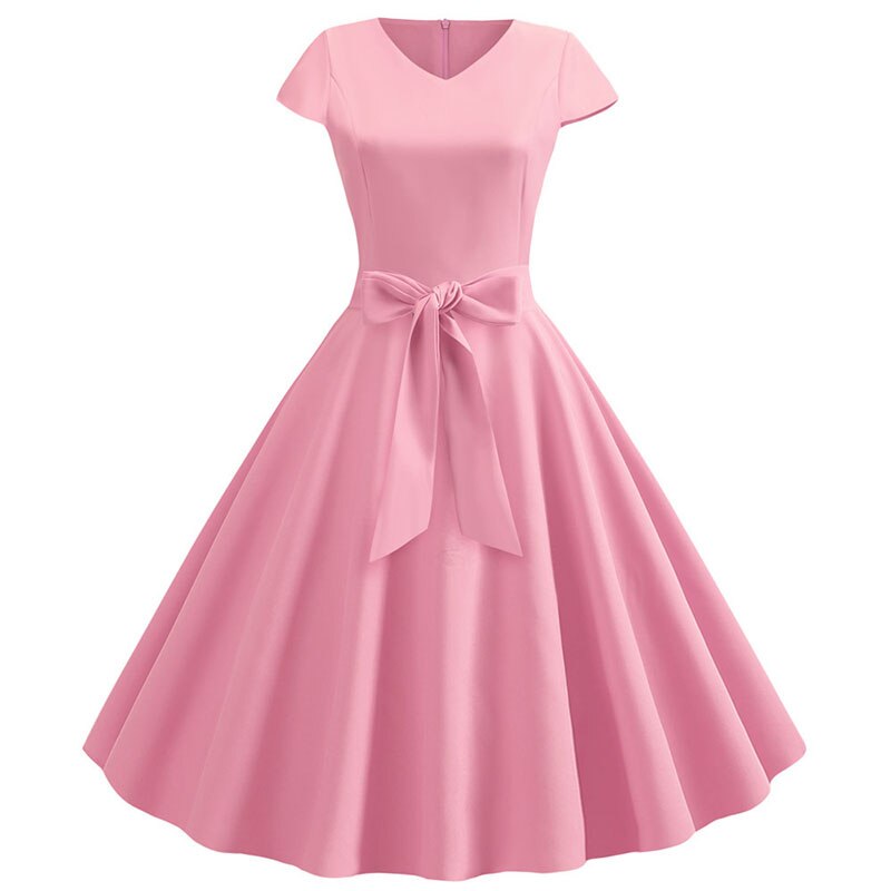 Women Summer Dress With Belt Short Sleeve V neck Retro Rockabilly Swing Pinup Party Office Dresses