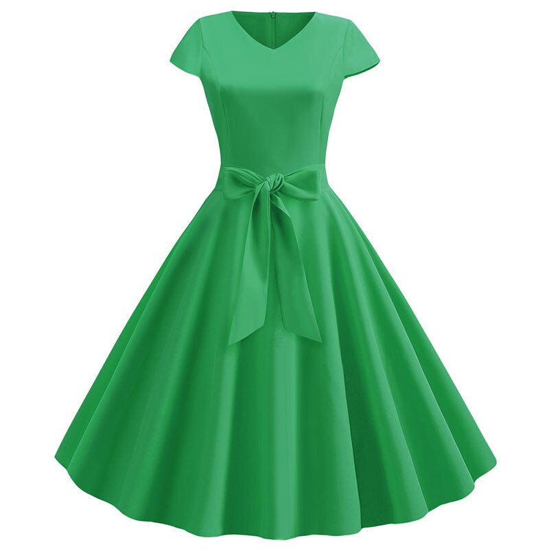 Women Summer Dress With Belt Short Sleeve V neck Retro Rockabilly Swing Pinup Party Office Dresses
