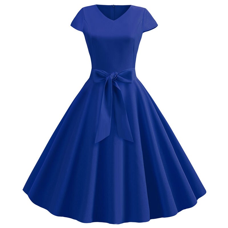 Women Summer Dress With Belt Short Sleeve V neck Retro Rockabilly Swing Pinup Party Office Dresses