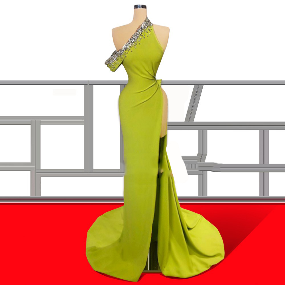 OEM Wedding Beaded High Slit Vestidos Elegante Ropa Sexy Evening Dresses Women Yellow Dresses Women 