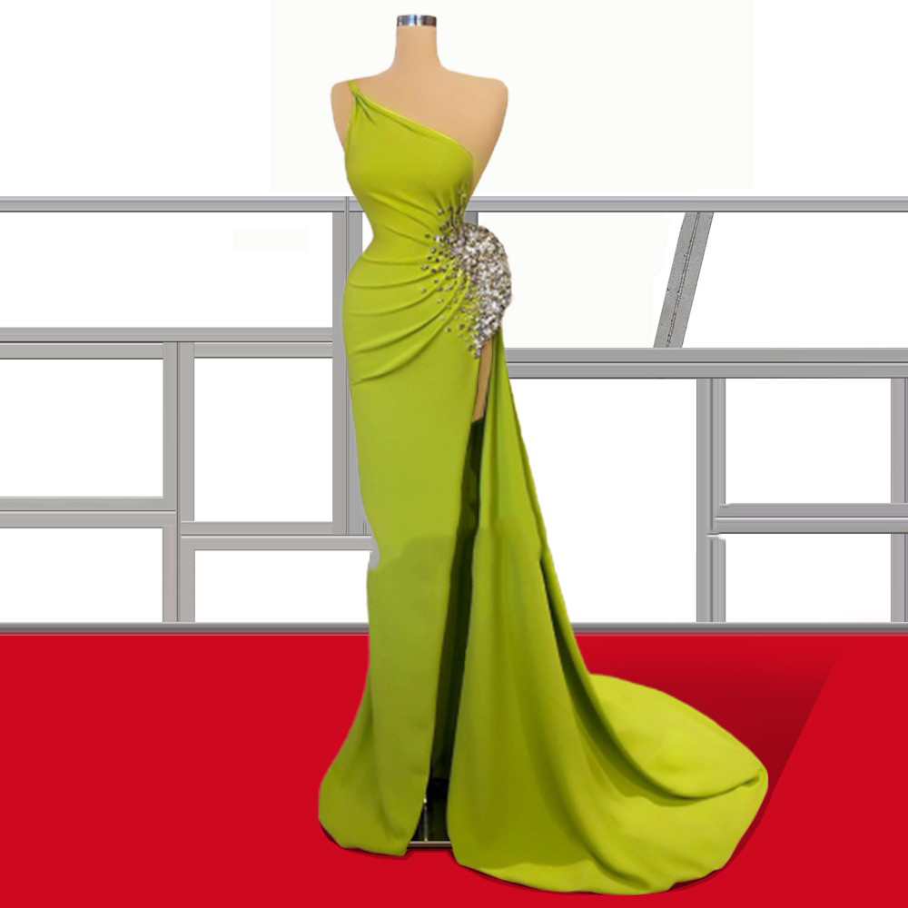OEM Wedding Beaded High Slit Vestidos Elegante Ropa Sexy Evening Dresses Women Yellow Dresses Women 