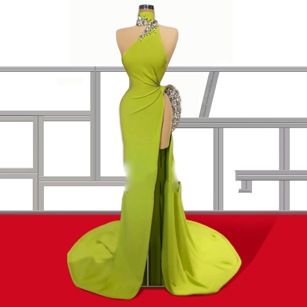 OEM Wedding Beaded High Slit Vestidos Elegante Ropa Sexy Evening Dresses Women Yellow Dresses Women 
