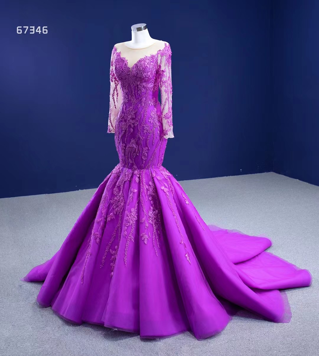 MAE0019 Girls Party Gown Long Sleeve Lace Applique Mermaid Style Dress Pattern Mermaid Purple Evenin