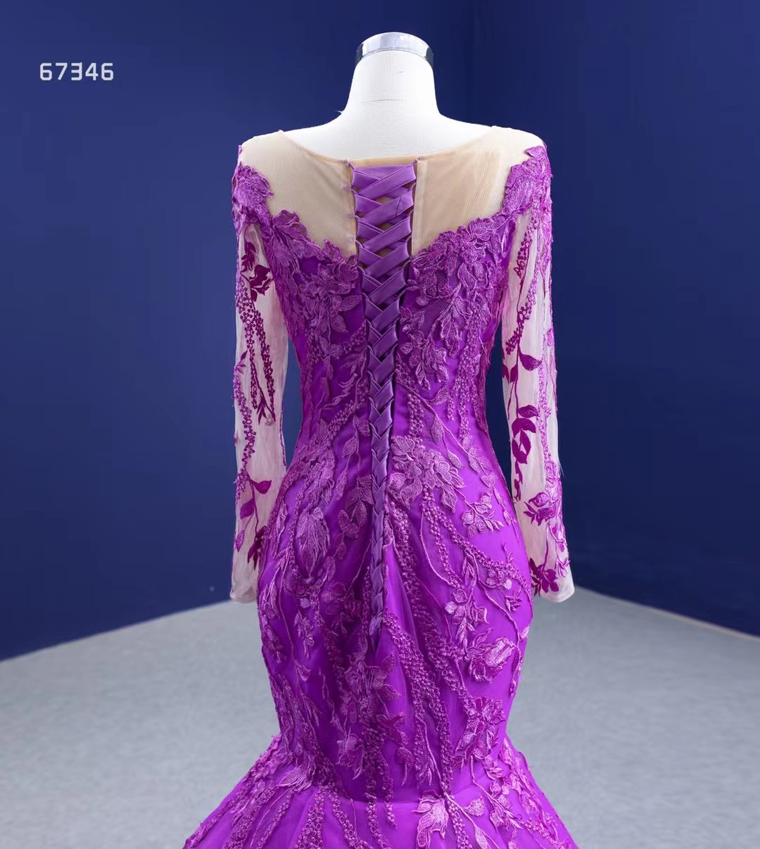 MAE0019 Girls Party Gown Long Sleeve Lace Applique Mermaid Style Dress Pattern Mermaid Purple Evenin