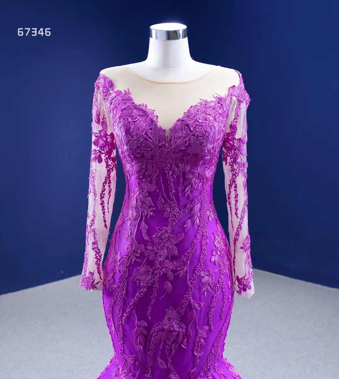 MAE0019 Girls Party Gown Long Sleeve Lace Applique Mermaid Style Dress Pattern Mermaid Purple Evenin