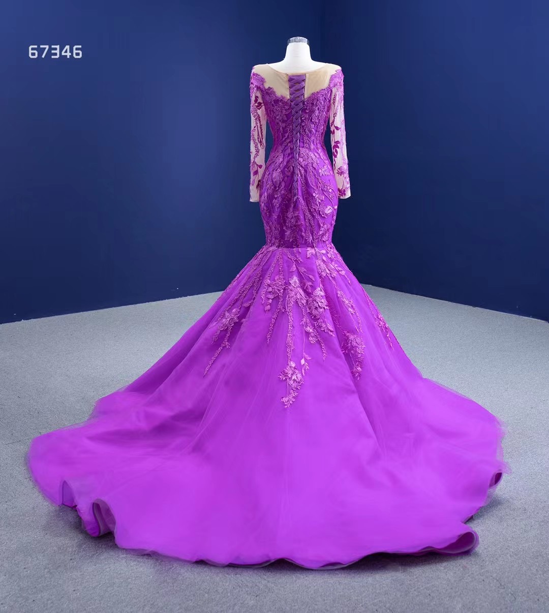 MAE0019 Girls Party Gown Long Sleeve Lace Applique Mermaid Style Dress Pattern Mermaid Purple Evenin