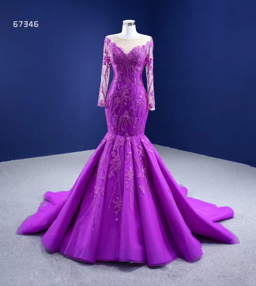 MAE0019 Girls Party Gown Long Sleeve Lace Applique Mermaid Style Dress Pattern Mermaid Purple Evenin