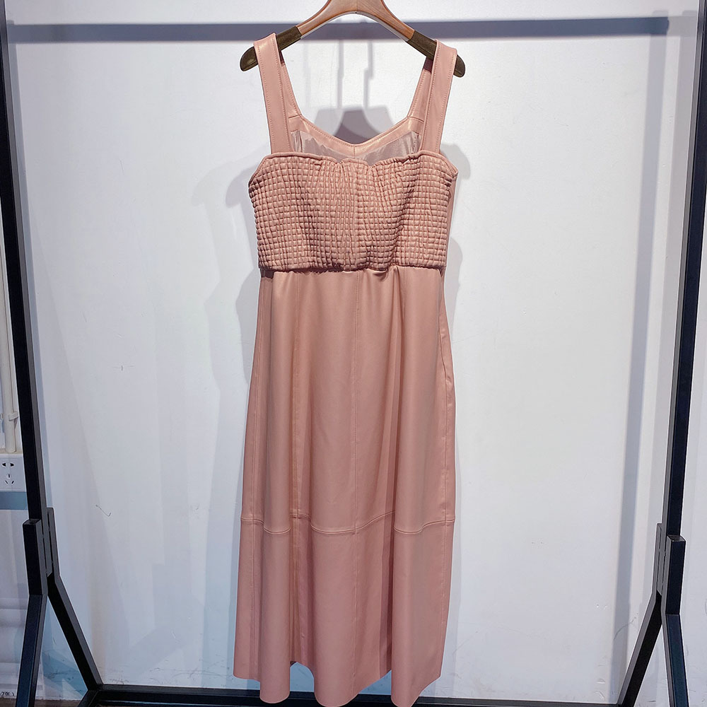 Real Leather Sleeveless Dress Women Elegant 2022 Autumn Folds Solid Slim A-Line Dresses