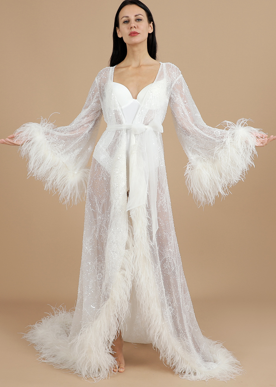 Beta Premium Bridal Lace Beaded Sequin Robe Wedding Boudoir Shoot for Woman Maternity Dress 100% Ost