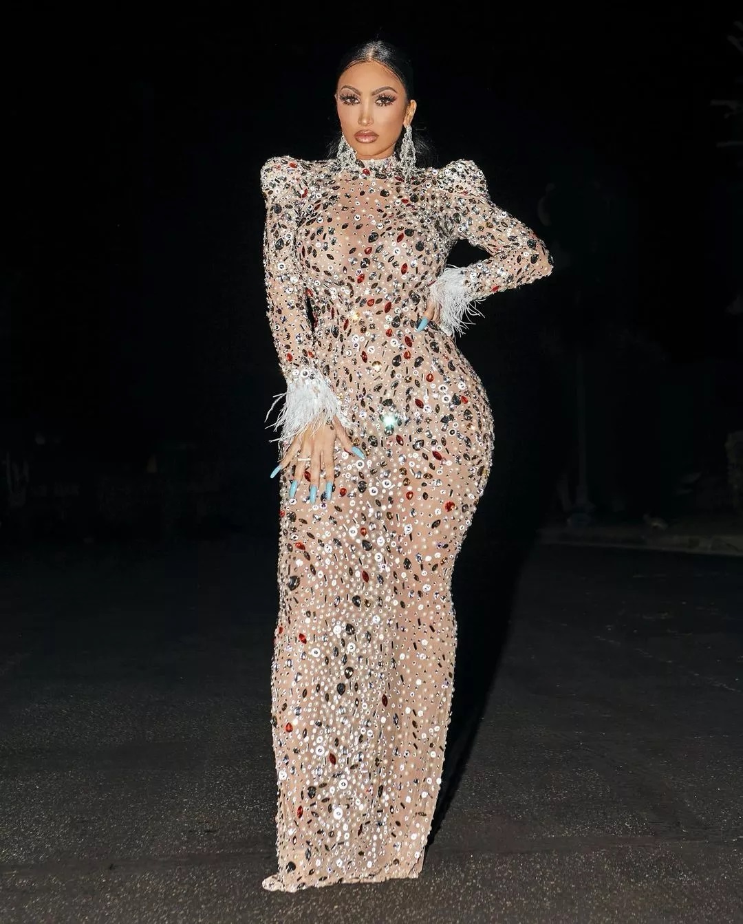 Sexy See Through Bodycon Crystal Sequin Formal Dinner Gown Women Wedding Birthday Party Club Dress M