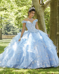 QD1521 Light Sky Blue Sweet 16 Quinceanera Dress 2022 Off Shoulder Appliques Sequins Flowers Princes