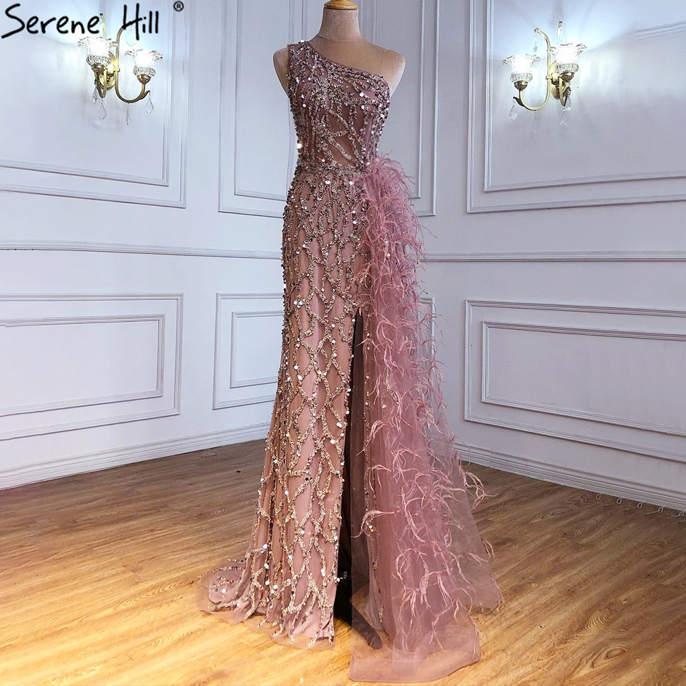 Green Beaded Feathers One Shoulder Stunning Evening Gowns Serene Hill LA70829 High End Women Sexy Pa