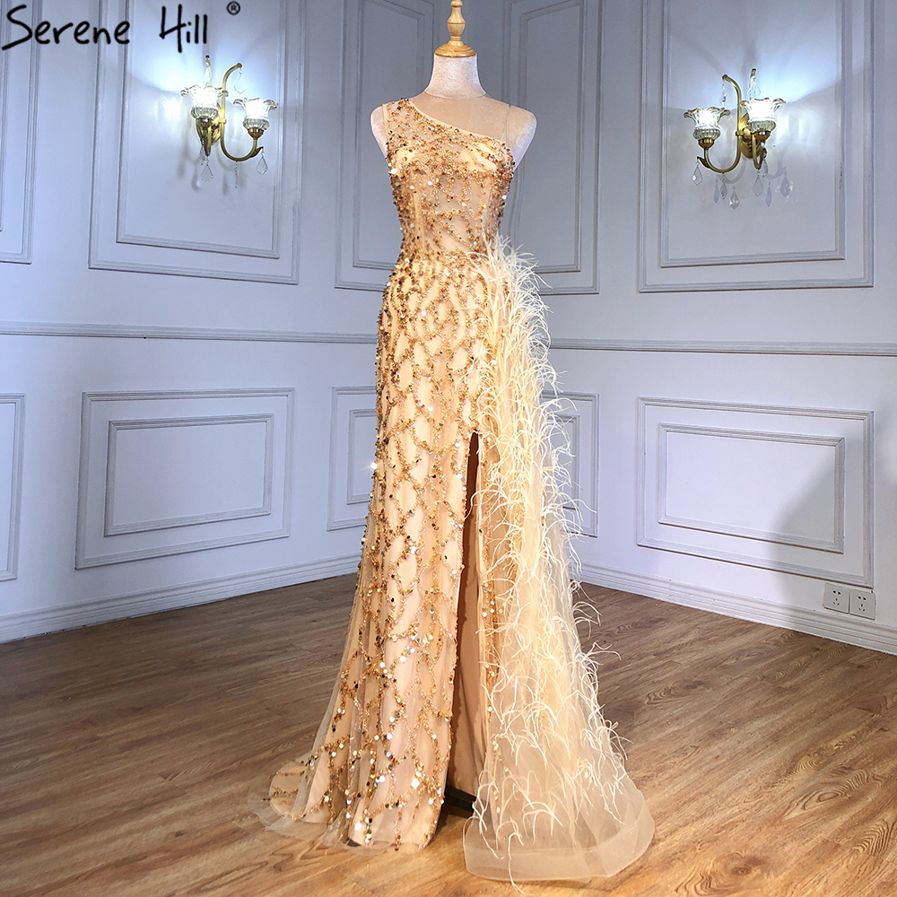 Green Beaded Feathers One Shoulder Stunning Evening Gowns Serene Hill LA70829 High End Women Sexy Pa