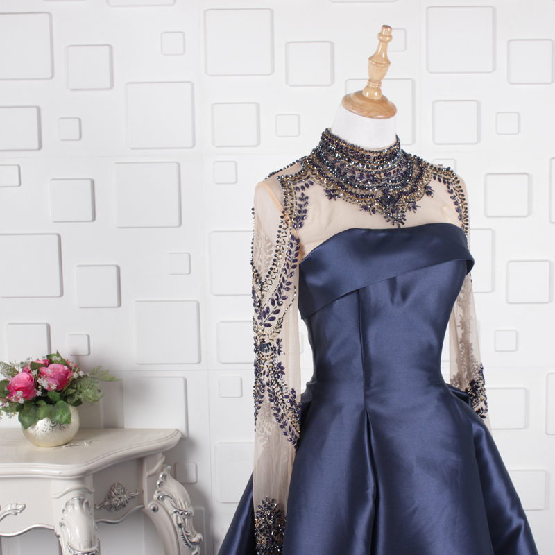 YY063 Jancember 2020 new arrivals high neck beaded satin navy dresses women party