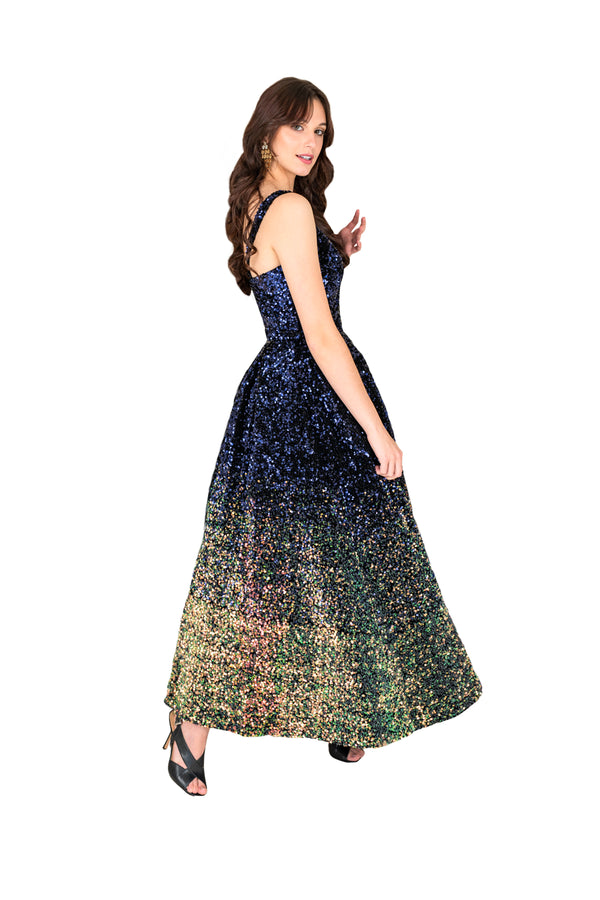 FARAH NAZ New York Women's Navy Blue and Gold Sequin Fit and Flare Strap Classic Gown Beautiful Slee