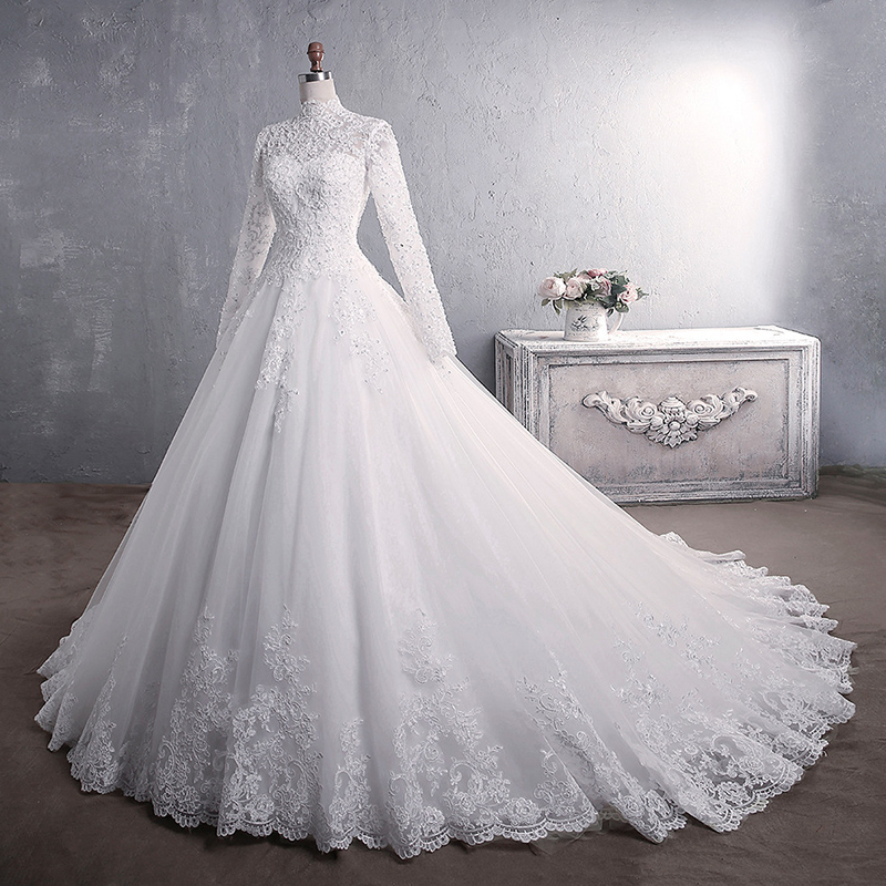 Arabic Muslim Wedding Dress Long Sleeve A-Line Bridal Gown Cheap Pakistani Wedding Dresses 2019 New 