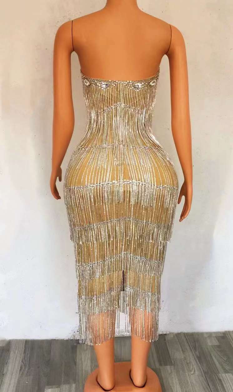 Sexy Golden Strapless Diamond Dress  Plus Size Women's Dresses Customized
