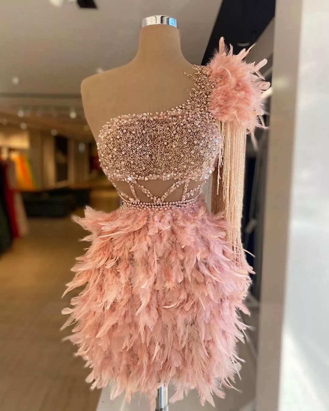One Shoulder Short Party Dress with Feather Luxury Sexy Beading Sparkling