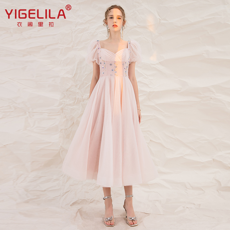 YIGELILA Elegant Women 2022 Embroidery Floral Dress Short Sleeve Cocktail Dress Sequined Party Dress