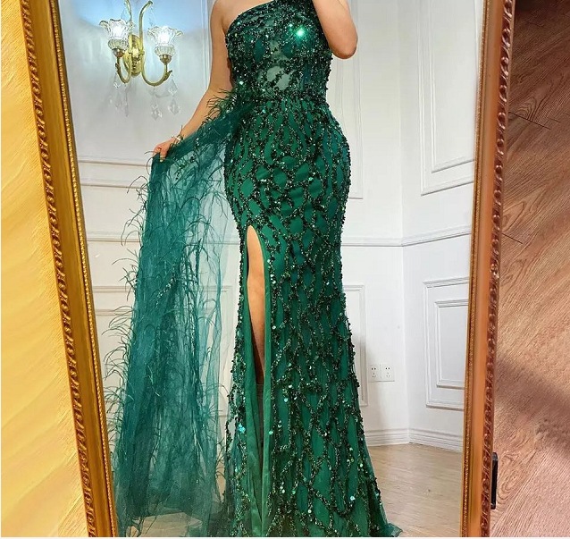 ili von Allure Green Beaded Feathers One Shoulder Stunning Evening Gowns  High End Women Sexy Party 