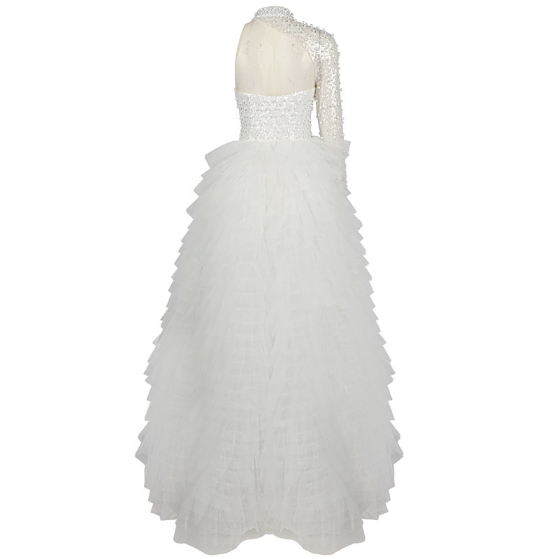 High Neck Beading One Shoulder Puffy Mesh Luxury Clothes Woman Evening Dress