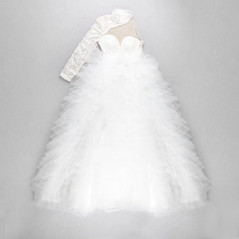 High Neck Beading One Shoulder Puffy Mesh Luxury Clothes Woman Evening Dress