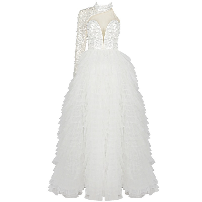 High Neck Beading One Shoulder Puffy Mesh Luxury Clothes Woman Evening Dress