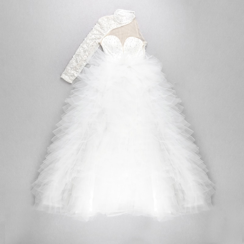 High Neck Beading One Shoulder Puffy Mesh Luxury Clothes Woman Evening Dress