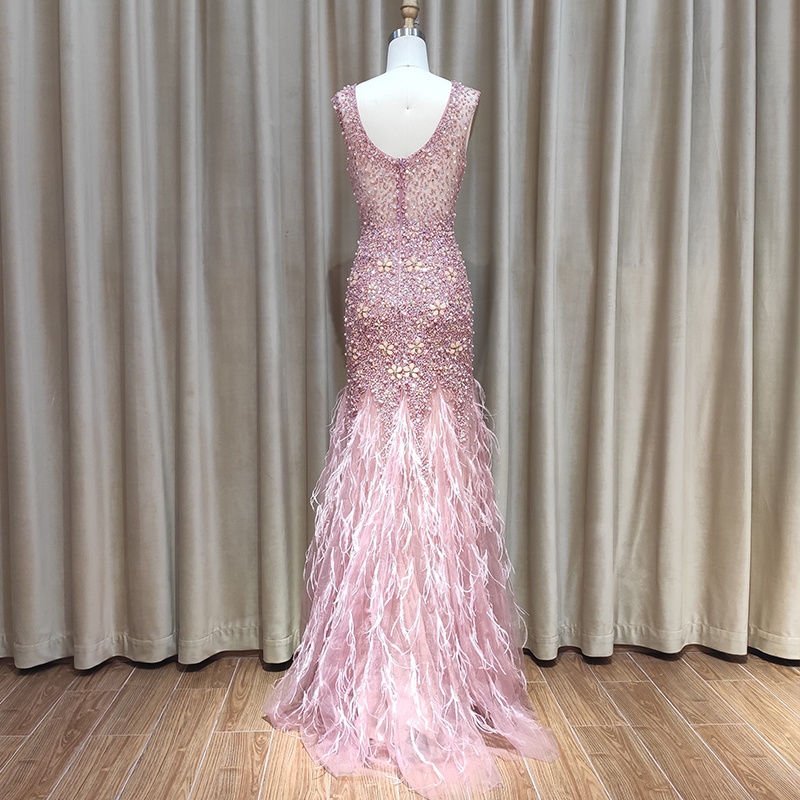 Luxury  Handmade Beading Party Dress Women Evening Dress Mermaid Fur Bottom Dress