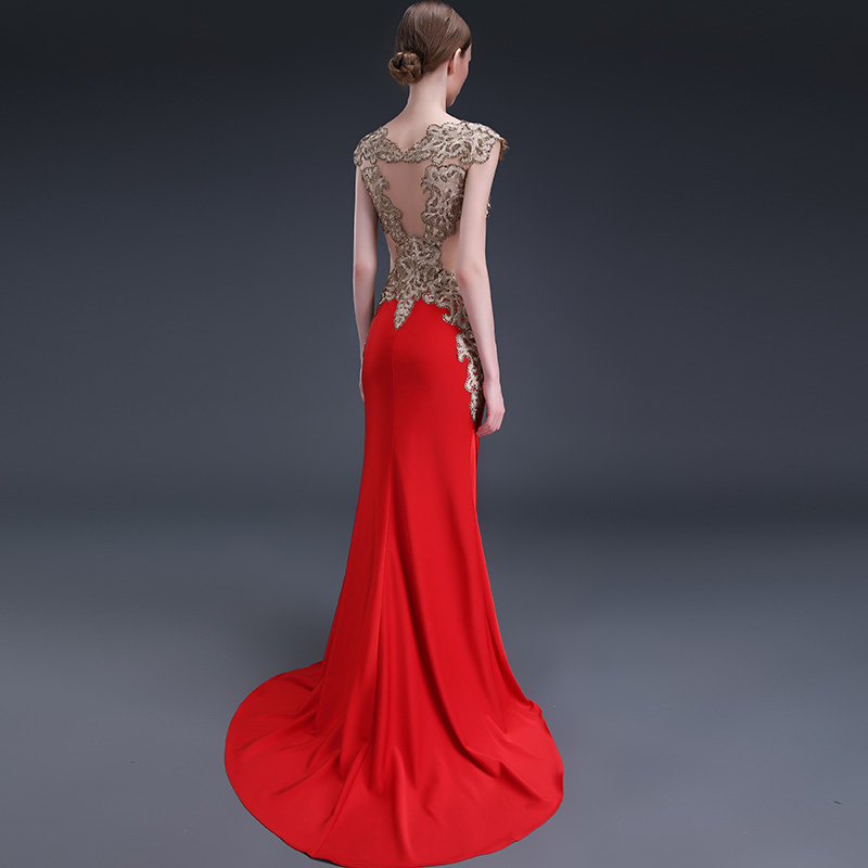 Red elegant Sheer back Long Satin perspective Prom Dress 2021 sexy evening dress Satin Mermaid Prom 