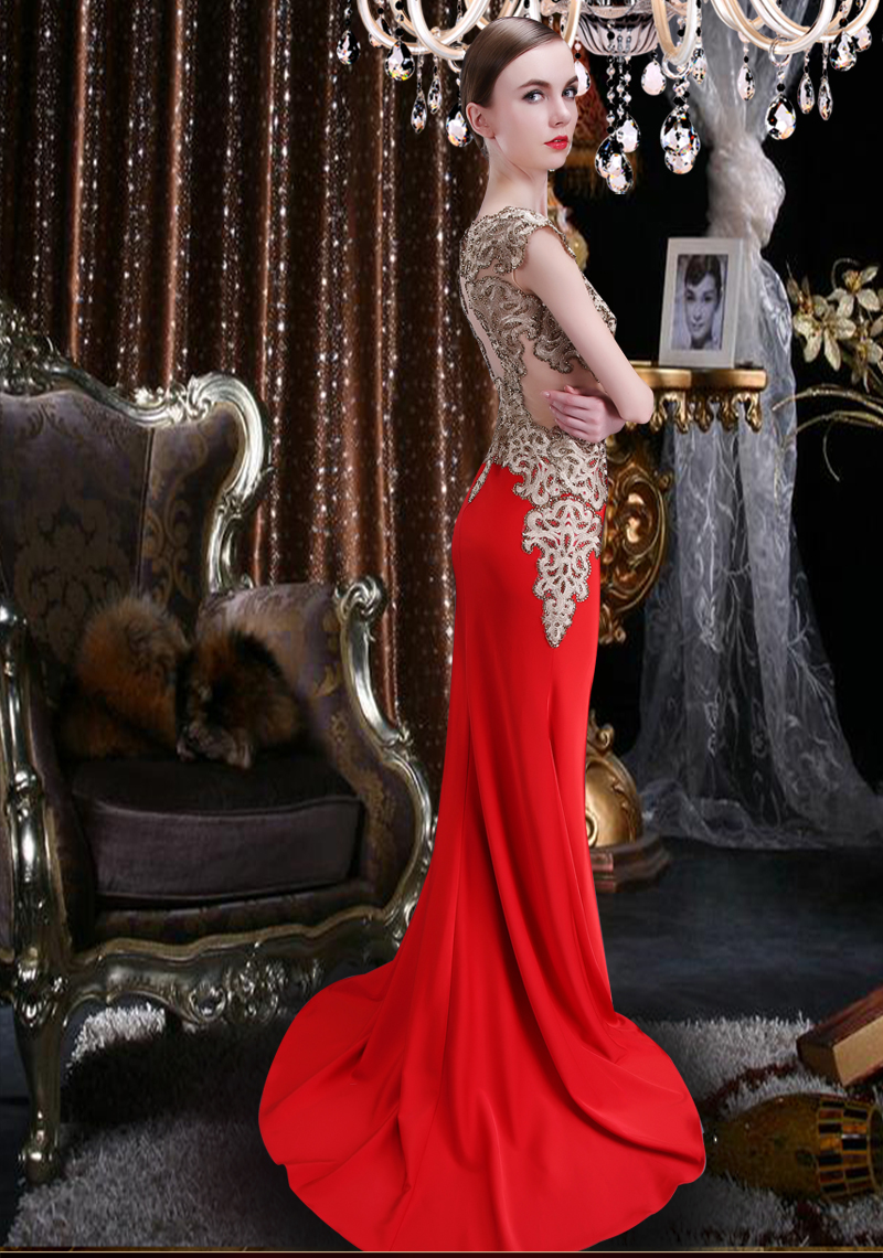 Red elegant Sheer back Long Satin perspective Prom Dress 2021 sexy evening dress Satin Mermaid Prom 
