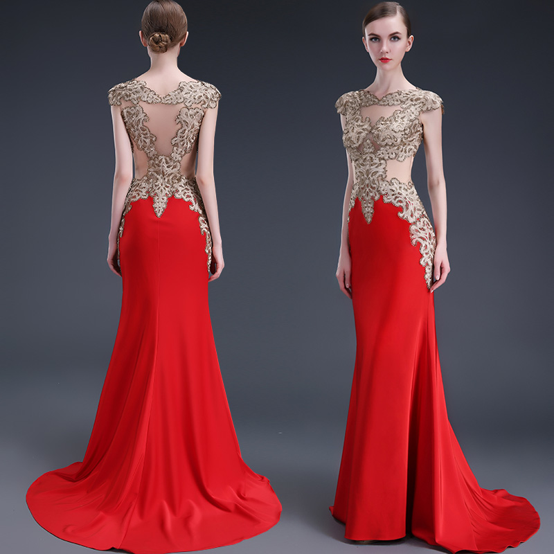 Red elegant Sheer back Long Satin perspective Prom Dress 2021 sexy evening dress Satin Mermaid Prom 