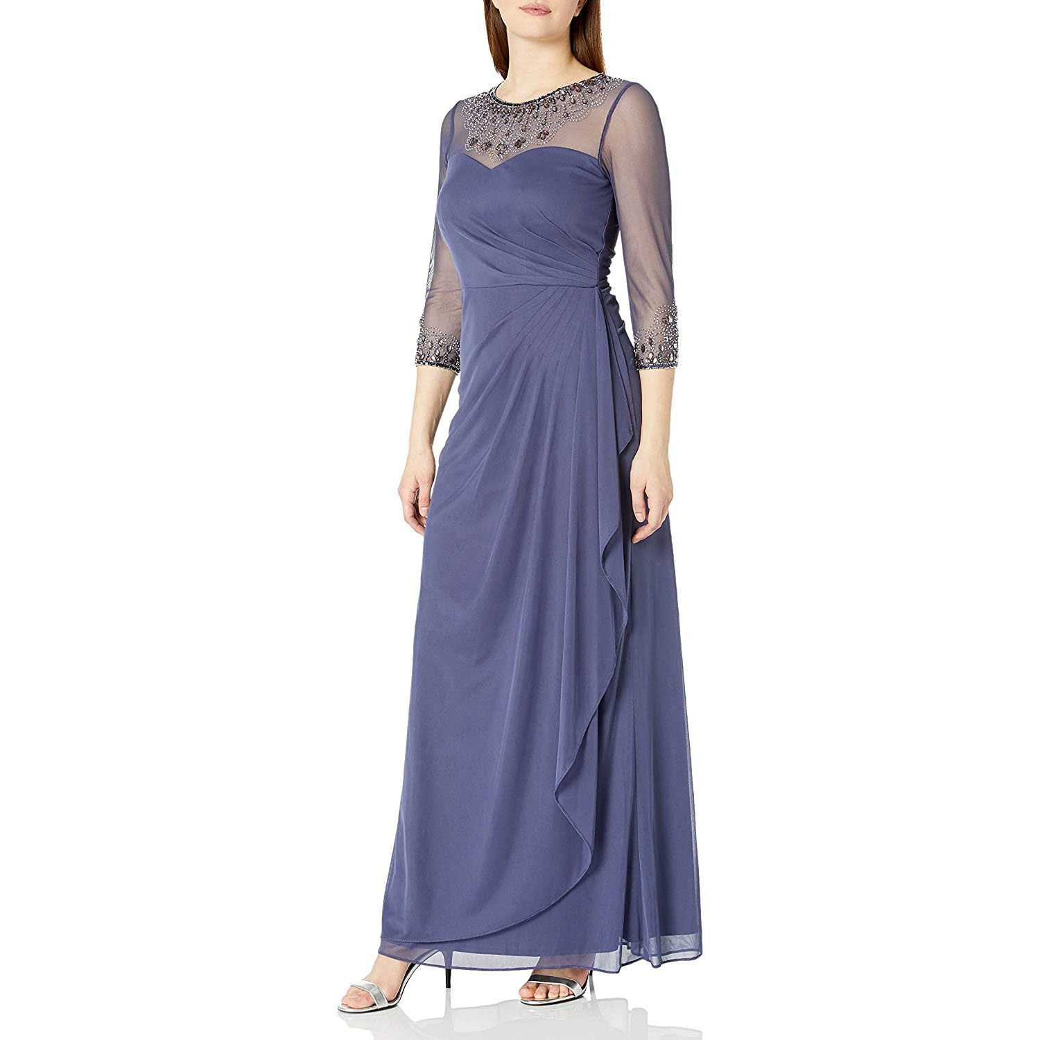 Women O Neck Mesh Pleated Lace Long Dress Wedding Party Evening Bridesmaid Maxi Dresses