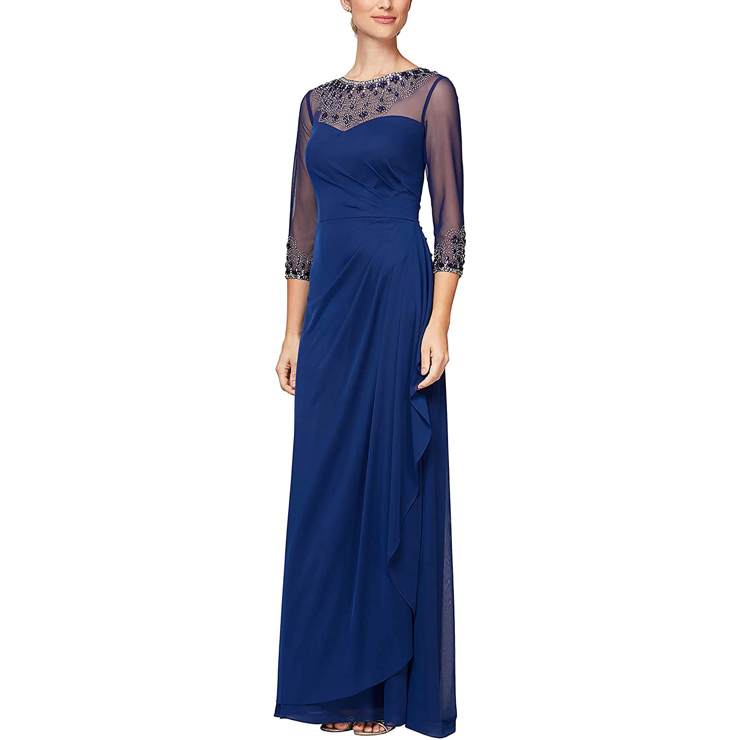 Women O Neck Mesh Pleated Lace Long Dress Wedding Party Evening Bridesmaid Maxi Dresses