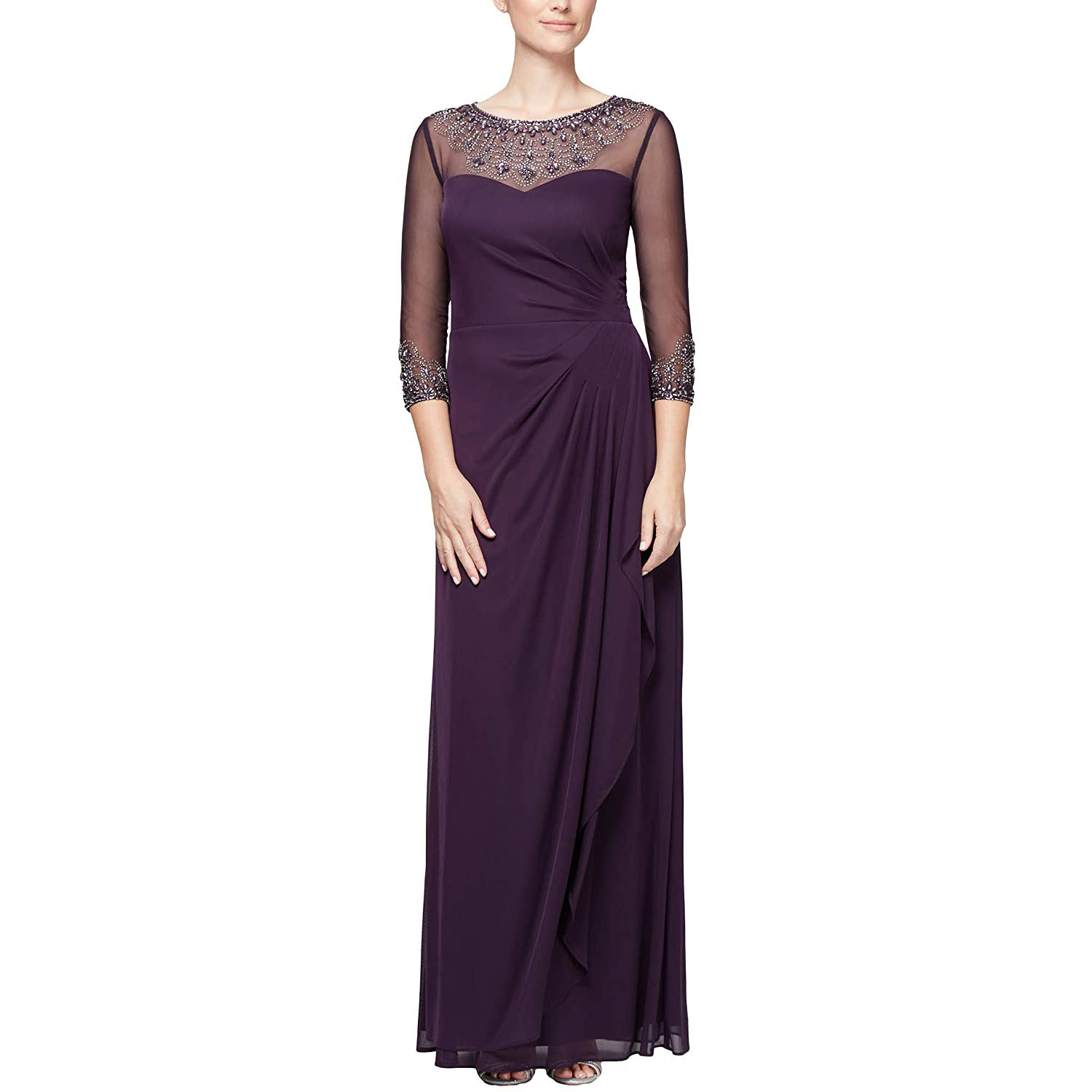 Women O Neck Mesh Pleated Lace Long Dress Wedding Party Evening Bridesmaid Maxi Dresses