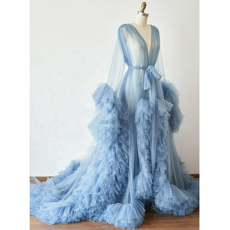 Sexy Blue Maxi Long Pregnancy Photoshoot Woman Photography Pregnant Clothing Tulle Ruffle Maternity 