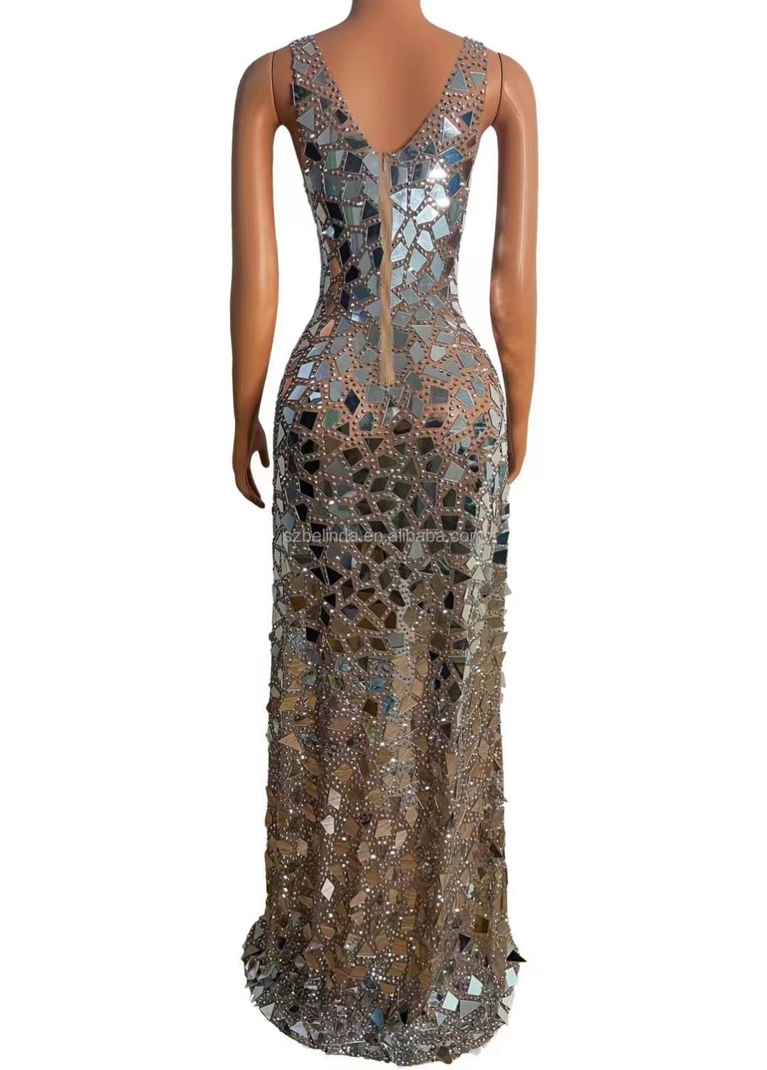 Sparkly Mirror Rhinestone Transparent Split Long Dress Evening Wedding Celebrate Costume Women Birth