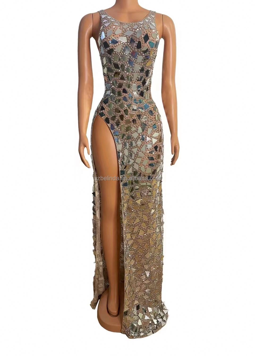 Sparkly Mirror Rhinestone Transparent Split Long Dress Evening Wedding Celebrate Costume Women Birth